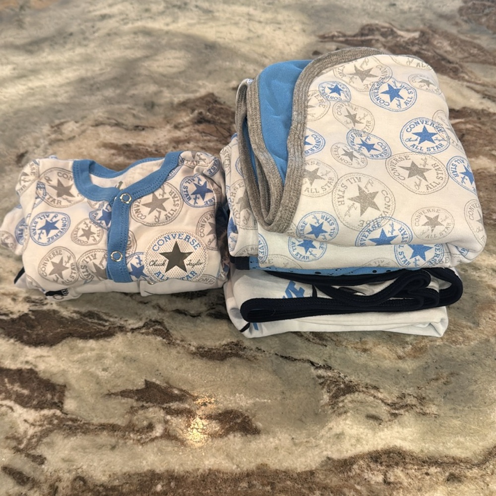 Nike and Converse Baby Blankets and Onesies Bundle.